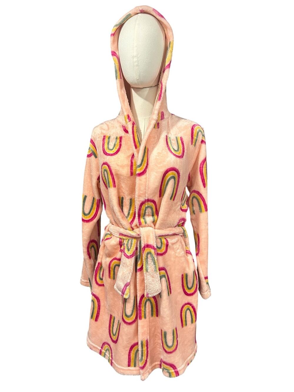 Thereabouts Girls Soft Plush Rainbow Hooded Fleece Robe Pink Belted L 14.5-16.5